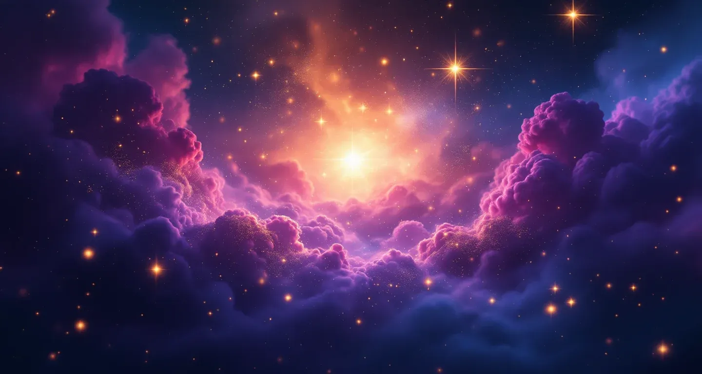 Escena onírica atmosférica con nebulosas moradas y magenta, y estrellas doradas, representando el símbolo de soñar con un tomate rojo.
