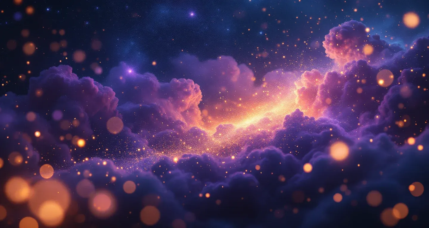 Escena onírica atmosférica, formada por una nebulosa morado-magenta y estrellas doradas, que representa el símbolo de Ver a Tu Novia en Sueños.