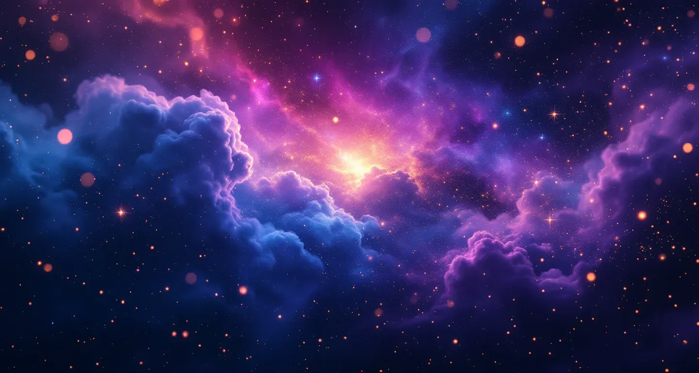 Atmosphärische Traumszene aus violett-magenta Nebel und goldenen Sternen, die das Symbol des Kornelkirschenbaums im Traum darstellt.