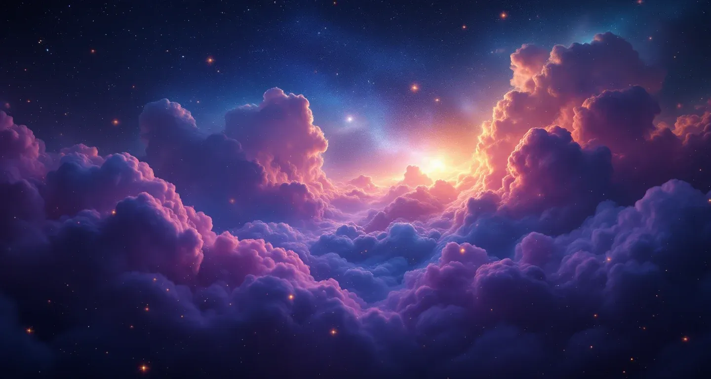 Atmosphärische Traumszene mit violett-magenta Nebel und goldenen Sternen, die das Symbol des Ex-Ehemanns der Tochter im Traum darstellen.