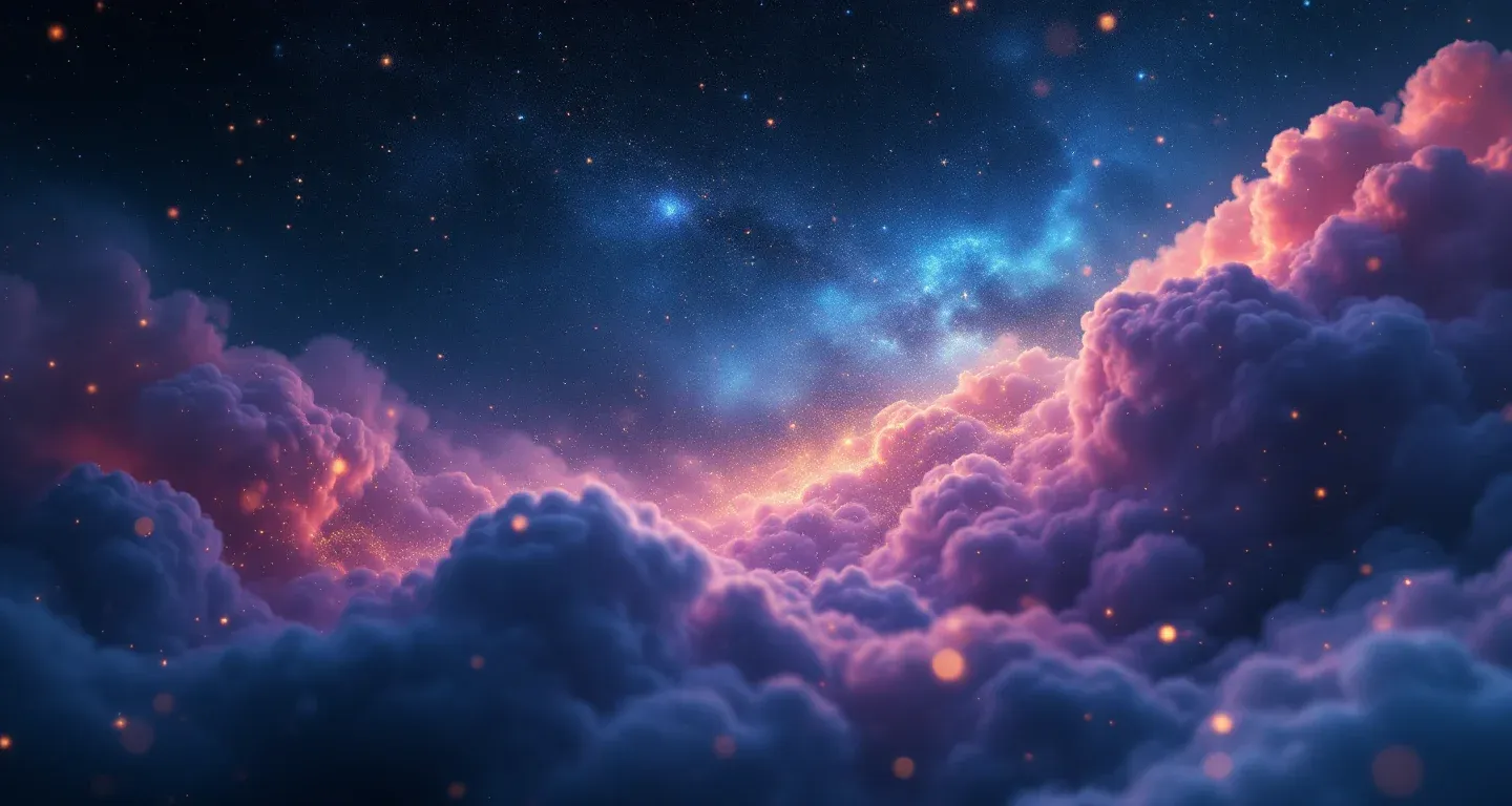 Escena onírica atmosférica que representa el símbolo de lanzar una piedra a un perro, con una nebulosa morada-magenta y estrellas doradas.