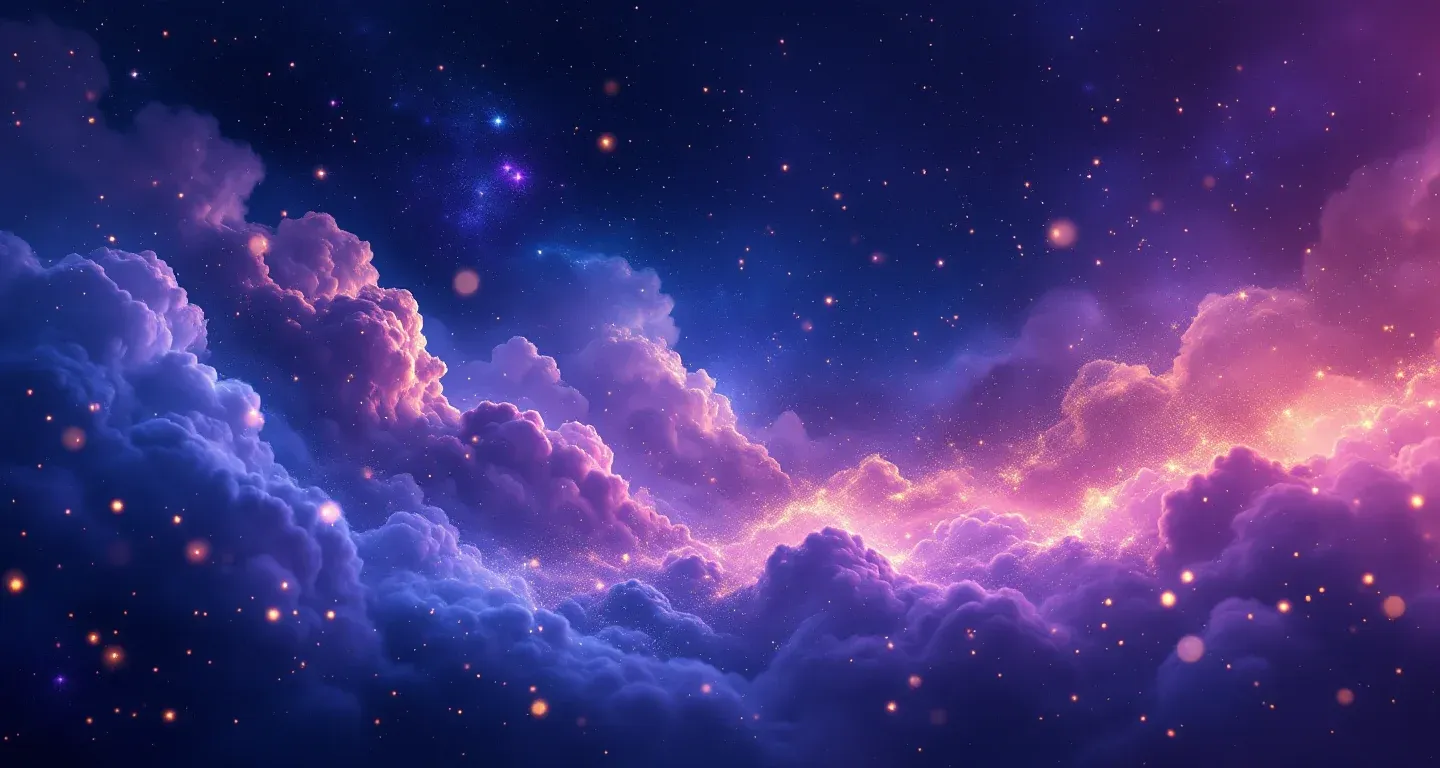 夢で犬がおしっこをするのを見る象徴を表す、紫とマゼンタの星雲と金色の星が漂う幻想的な夢の風景。