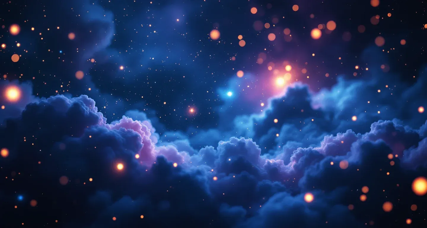 Escena onírica atmosférica con nebulosas moradas y magenta, y estrellas doradas, que representa el símbolo de soñar con un tiburón.