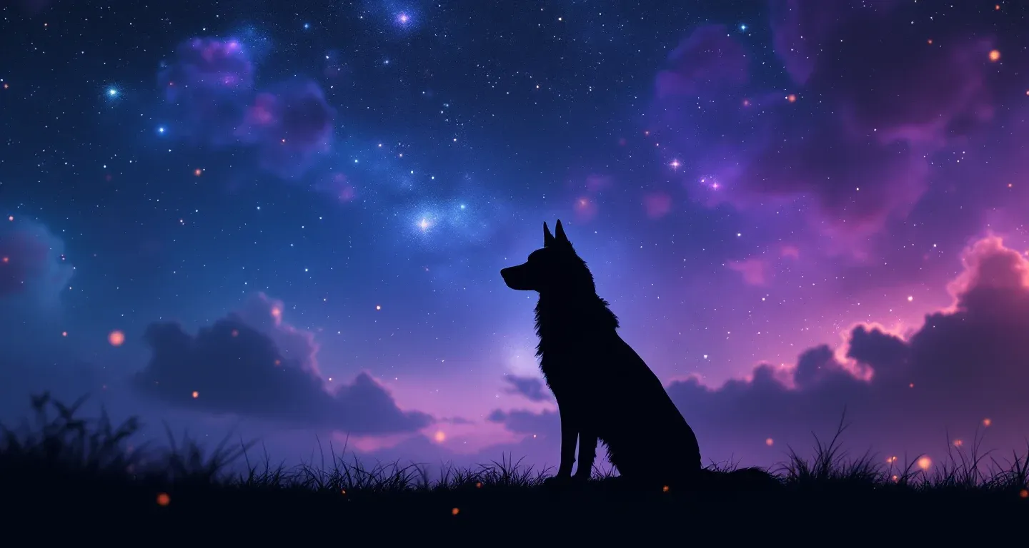 Rüyada Köpek Görmek sembolünü temsil eden, mor-magenta bulutsu ve altın yıldızlardan oluşan atmosferik rüya sahnesi.