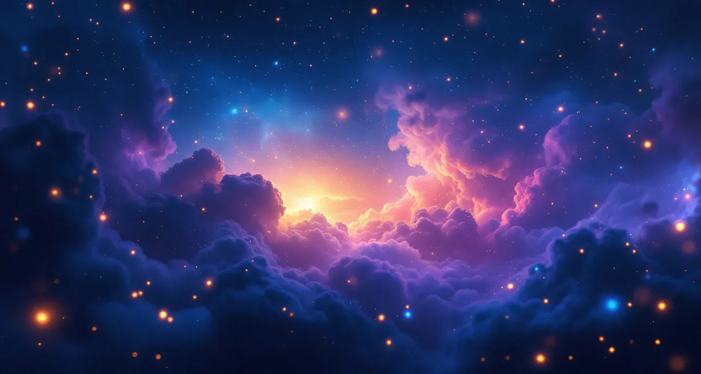 Escena onírica atmosférica con neblina morada y magenta, y estrellas doradas, que representa el símbolo de soñar con adoptar un perro.