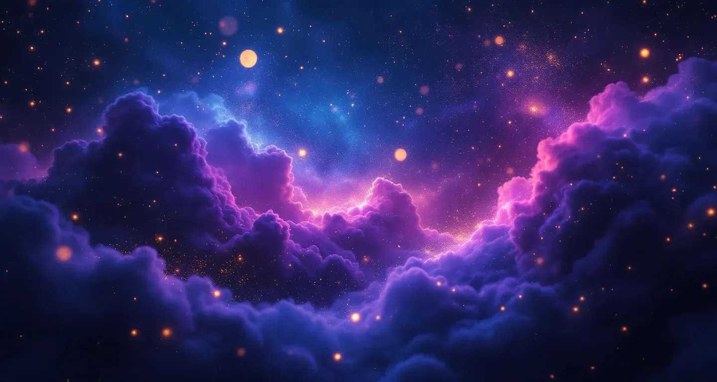 Escena onírica atmosférica con nebulosa morado-magenta y estrellas doradas que representa el símbolo de ver miedo en un sueño.