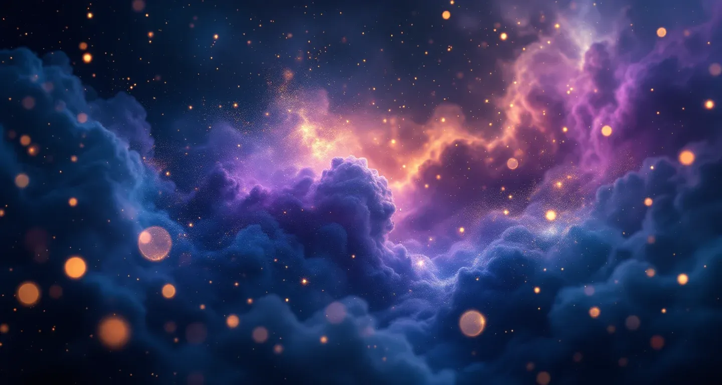 Escena onírica atmosférica con nebulosas moradas y magenta y estrellas doradas, que representa el símbolo de ver un ratón pequeño en sueños.