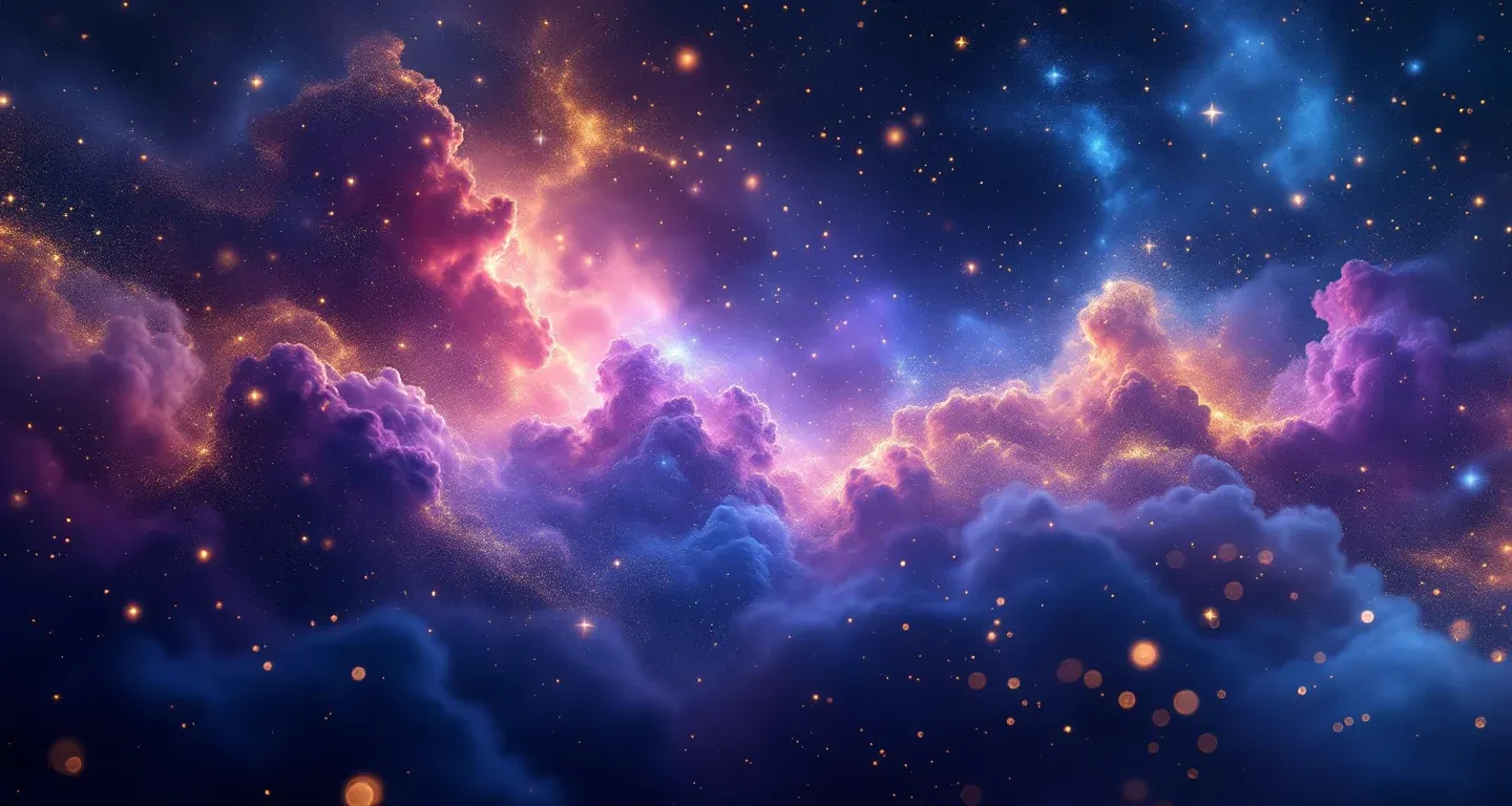Escena onírica atmosférica con nebulosa morado-magenta y estrellas doradas, que representa el símbolo de Soñar con un Lingote de Oro.