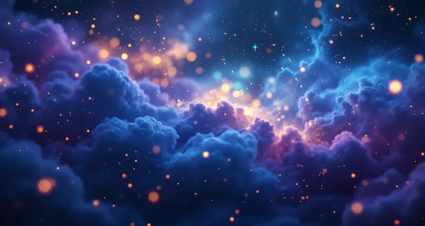 Escena onírica atmosférica con una nebulosa morado-magenta y estrellas doradas, que representa el símbolo de Ganar Dinero en el Azar.