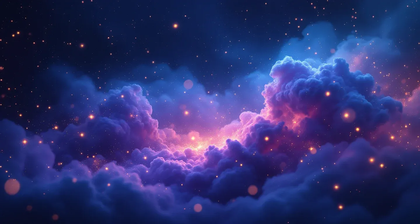 Escena onírica atmosférica con una nebulosa morado-magenta y estrellas doradas que representa el símbolo de soñar con ganar dinero apostando.