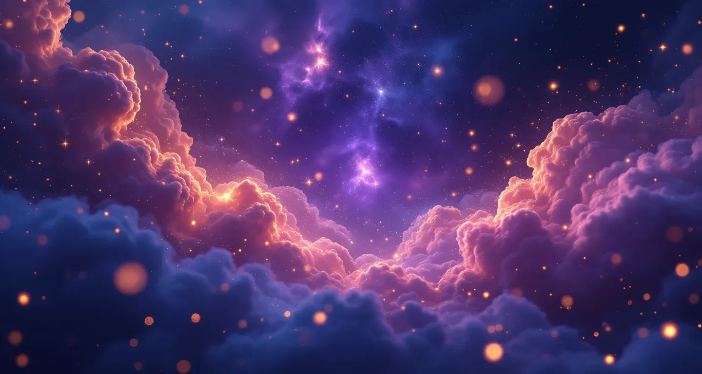 Escena onírica atmosférica de nubes moradas y magenta, con estrellas doradas, que representa el símbolo de soñar con leer el Corán.