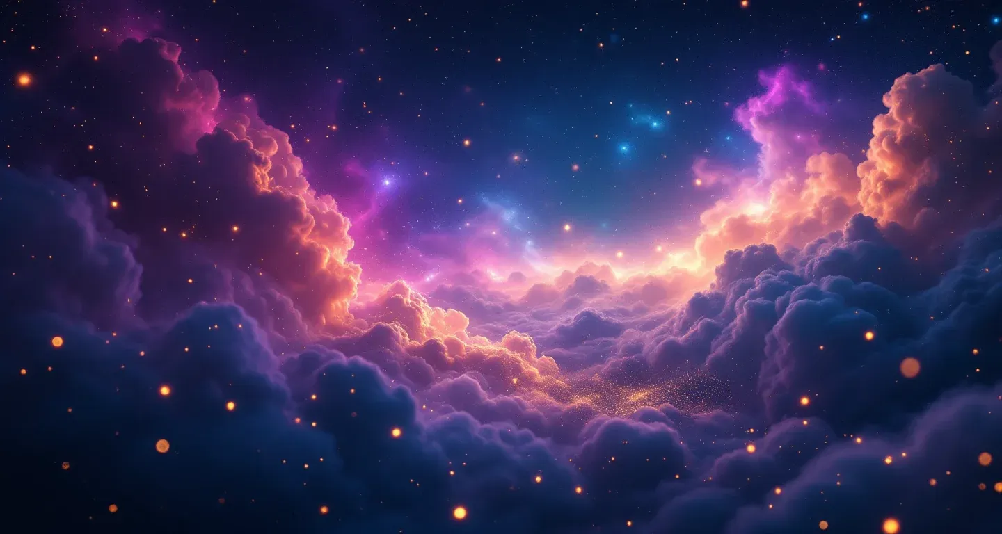 An atmospheric dreamscape of purple-magenta nebulae and golden stars representing the symbol of seeing a frog in a dream.