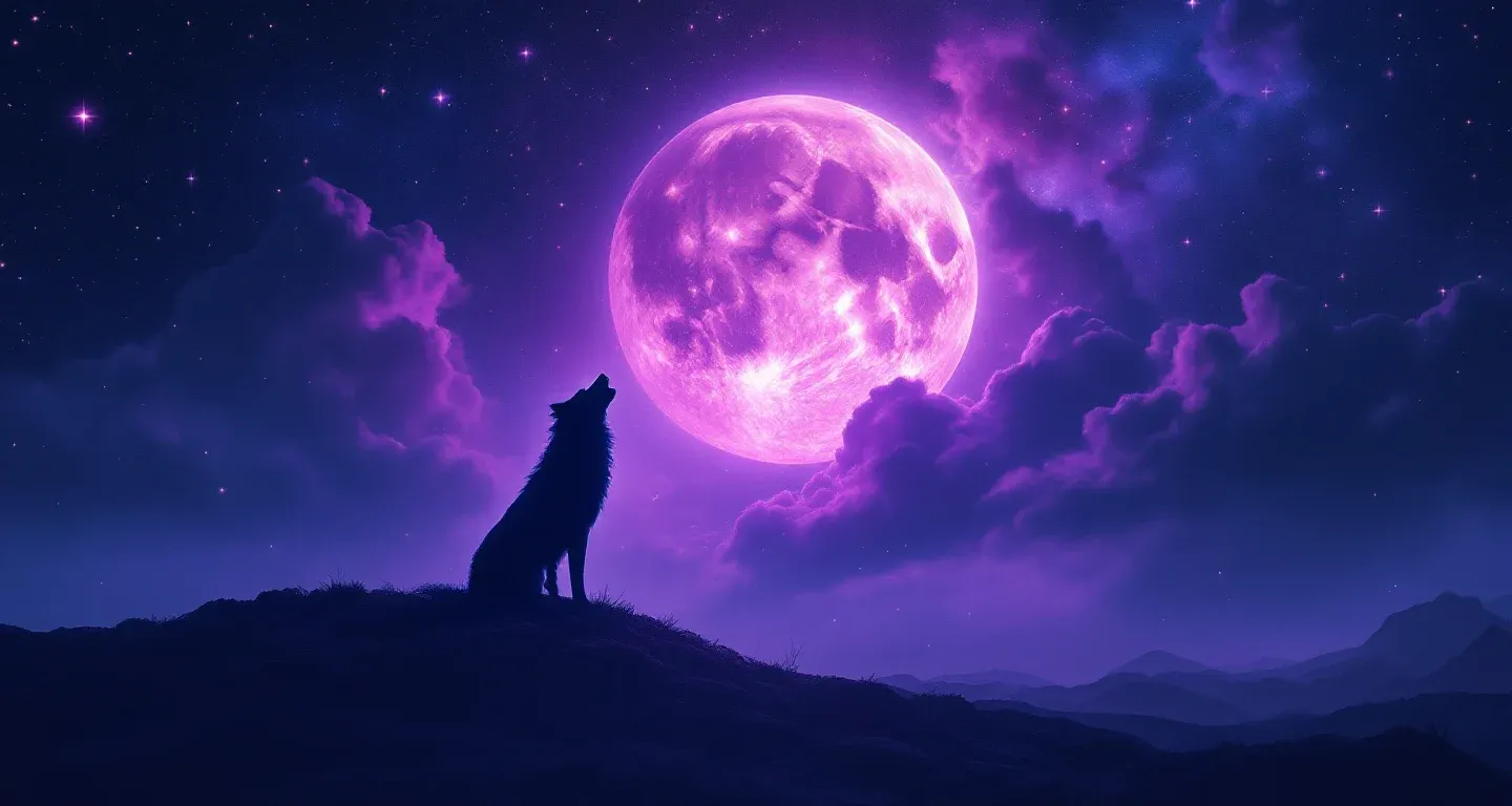 Rüyada Kurt Görmek sembolünü temsil eden, mor-magenta bulutsu ve altın yıldızlardan oluşan atmosferik rüya sahnesi.