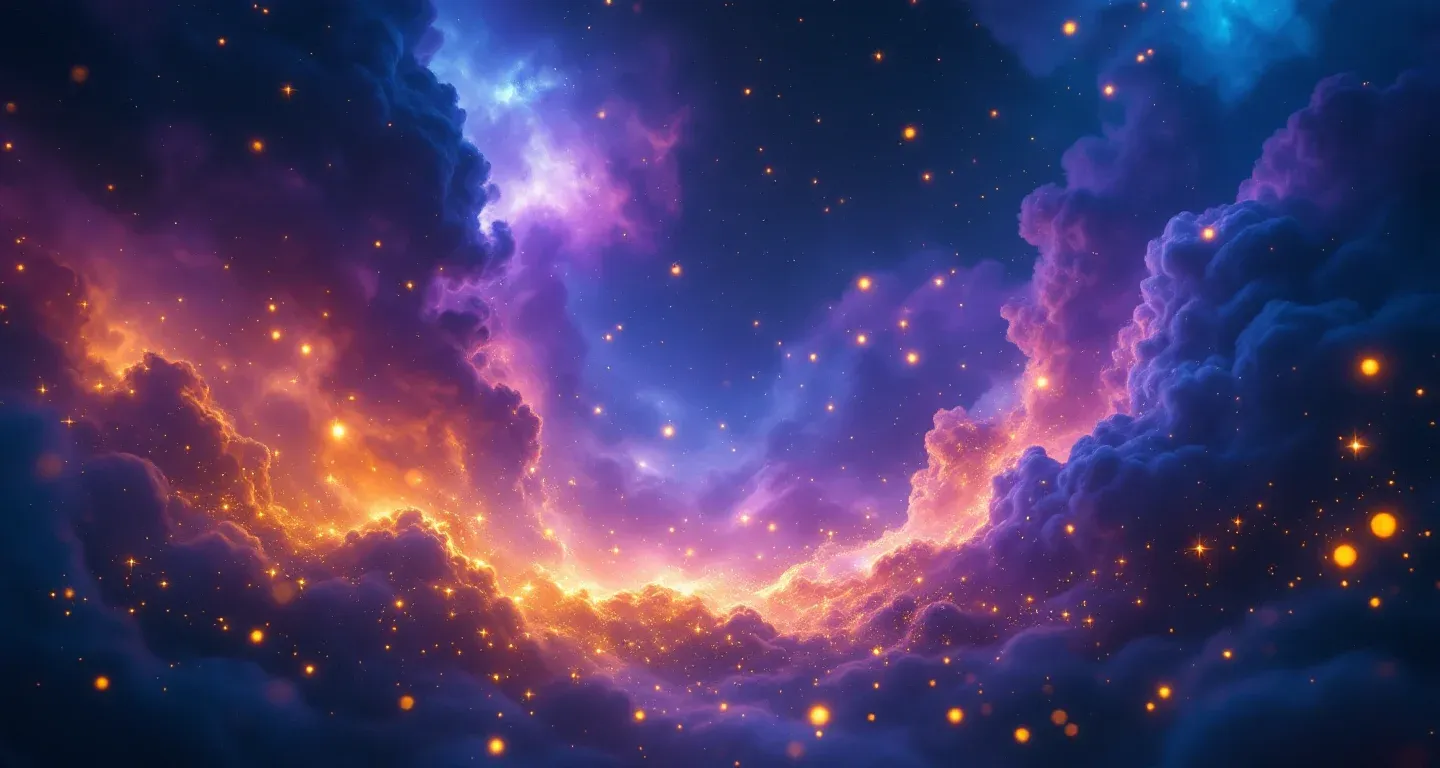 Escena onírica atmosférica con nebulosa morado-magenta y estrellas doradas que representa el símbolo de soñar con un aborto.