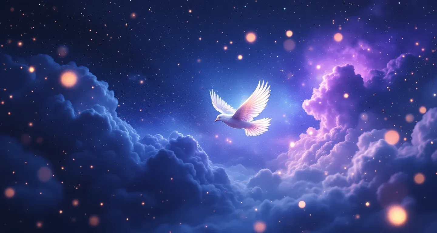 An atmospheric dream scene made of purple-magenta nebulae and golden stars representing the symbol of seeing a bird in a dream.