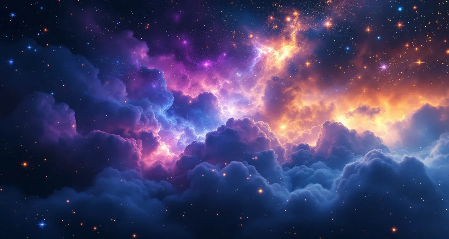 Escena onírica atmosférica con una nebulosa morada-magenta y estrellas doradas, que representa el símbolo de abrazar y llorar con alguien con quien estás enfadado.