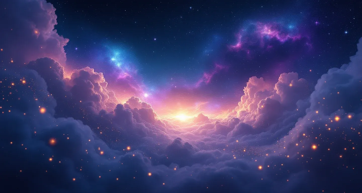 Escena onírica atmosférica con nebulosas moradas y magenta y estrellas doradas, que representa el símbolo de capturar un pájaro en sueños.