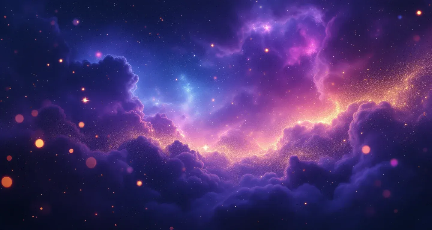 Escena onírica atmosférica con nebulosas morado-magenta y estrellas doradas que representa el símbolo de ver vómito en un sueño.