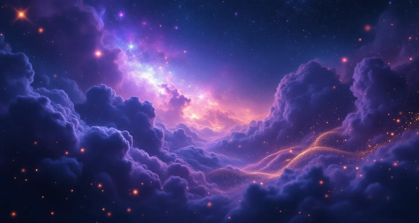 Escena onírica atmosférica con nebulosas morado-magenta y estrellas doradas, que representa el símbolo de tomar un pájaro en la mano.