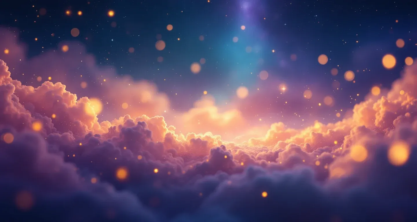 Cena onírica atmosférica com névoa roxo-magenta e estrelas douradas, representando o símbolo Sonhar com Ir a uma Joalheria.
