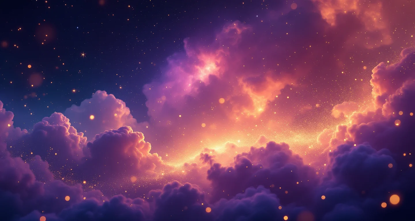 Rüyada Kuzen Görmek sembolünü temsil eden, mor-magenta bulutsu ve altın yıldızlardan oluşan atmosferik rüya sahnesi.
