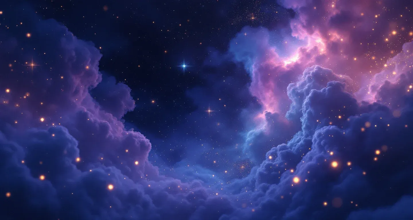 Escena onírica atmosférica con una nebulosa morada-magenta y estrellas doradas que representa el símbolo de ver a tu primo en sueños.