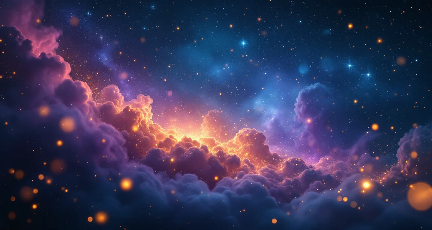 Rüyada Mantar Toplamak Görmek sembolünü temsil eden, mor-magenta bulutsu ve altın yıldızlardan oluşan atmosferik rüya sahnesi.