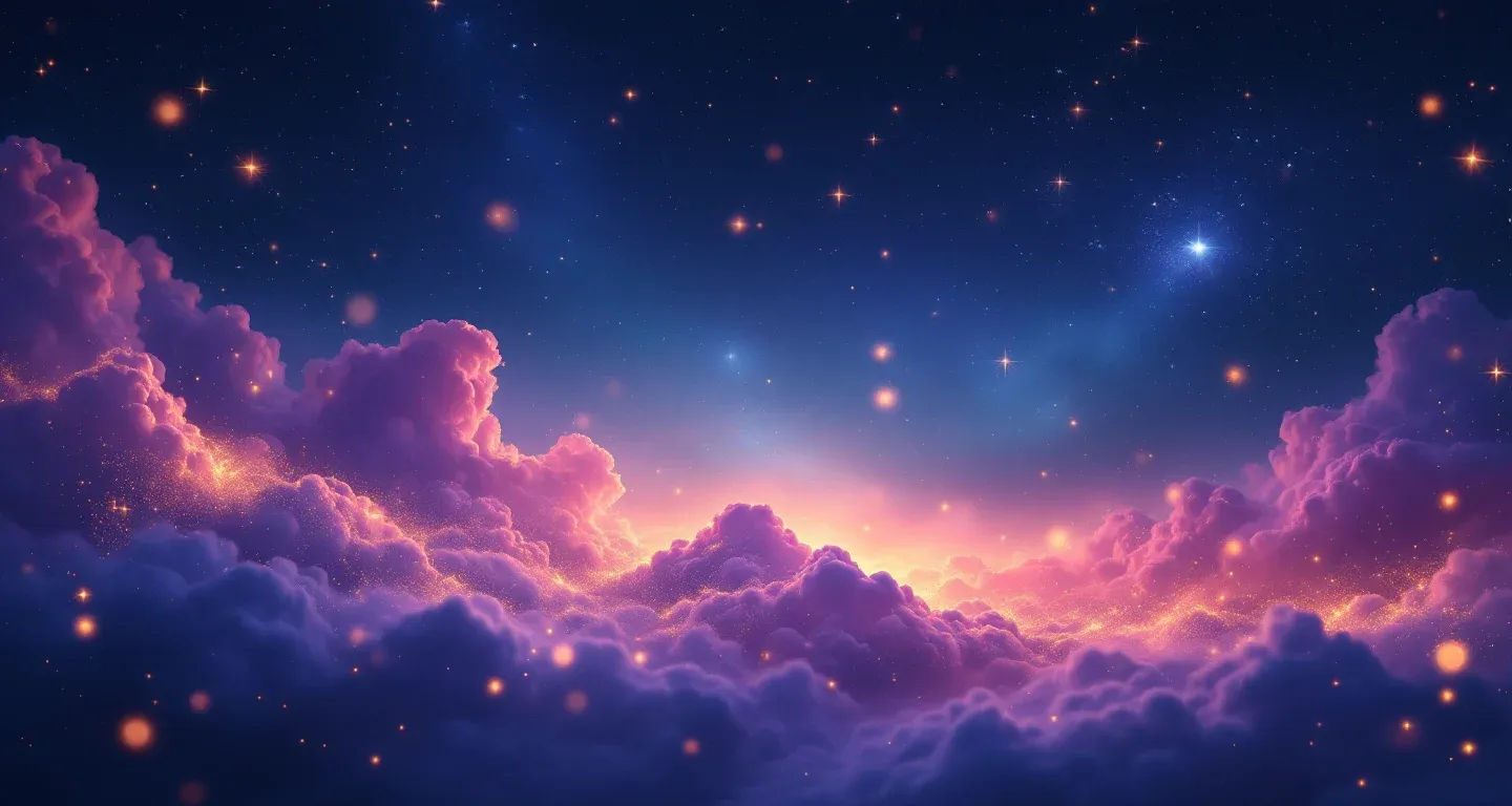 Escena onírica atmosférica con una nebulosa morado-magenta y estrellas doradas que representa el símbolo de soñar con llevar un vestido azul.