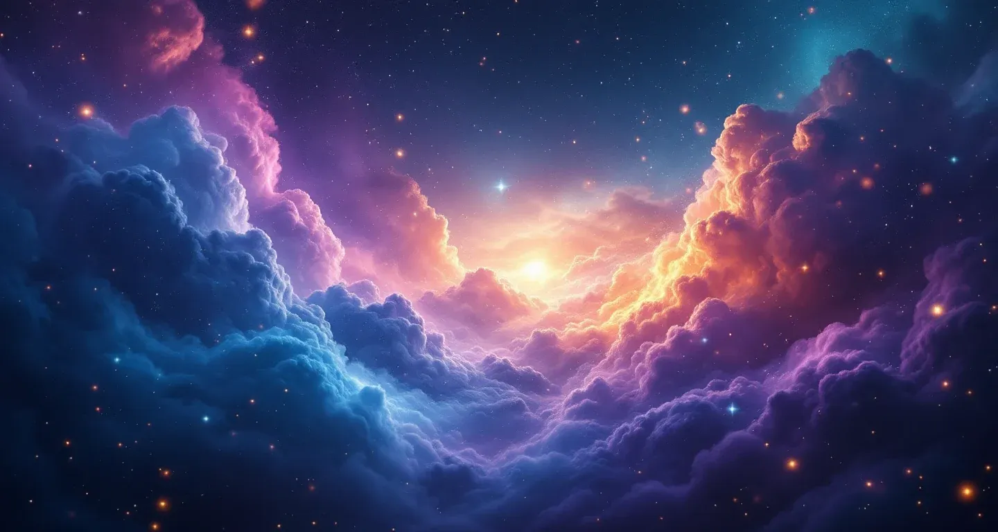 An atmospheric dream scene of purple-magenta nebula clouds and golden stars, representing the symbol of seeing a monkey in a dream.