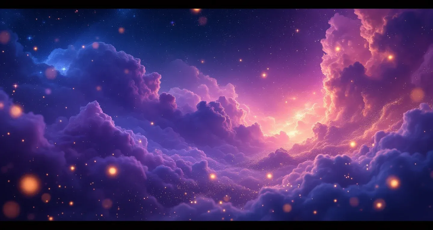 Escena onírica atmosférica con una nebulosa morado-magenta y estrellas doradas que representa el símbolo de soñar con bajar una escalera.