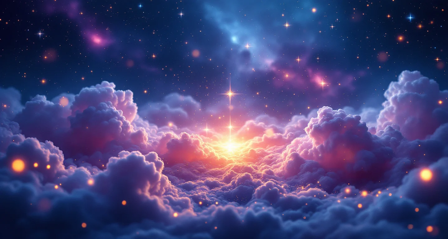 Rüyada Mezar Görmek sembolünü temsil eden, mor-magenta bulutsu ve altın yıldızlardan oluşan atmosferik rüya sahnesi.