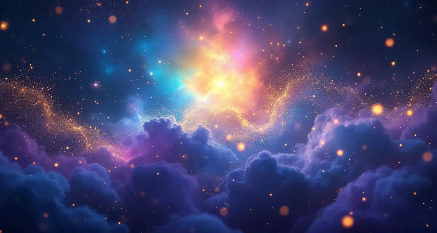 Escena onírica atmosférica con nubes moradas y magenta y estrellas doradas, que representa el símbolo de verse acostado sobre una tumba.