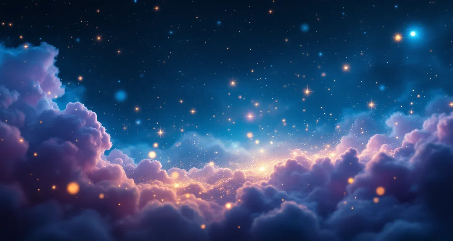 Escena onírica atmosférica con una nebulosa morado-magenta y estrellas doradas que representa el símbolo de soñar con un cementerio.