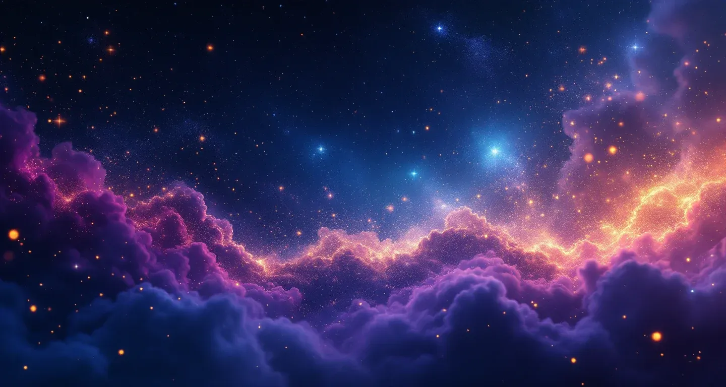 Escena onírica atmosférica con nebulosa morado-magenta y estrellas doradas, que representa el símbolo de soñar con comprar una moto.
