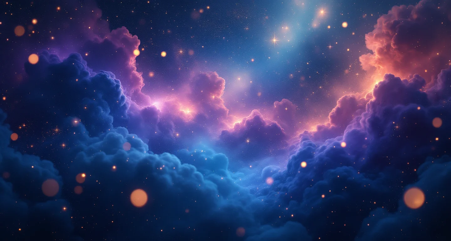 Rüyada Muhabbet Kuşu Görmek sembolünü temsil eden, mor-magenta bulutsu ve altın yıldızlardan oluşan atmosferik rüya sahnesi.