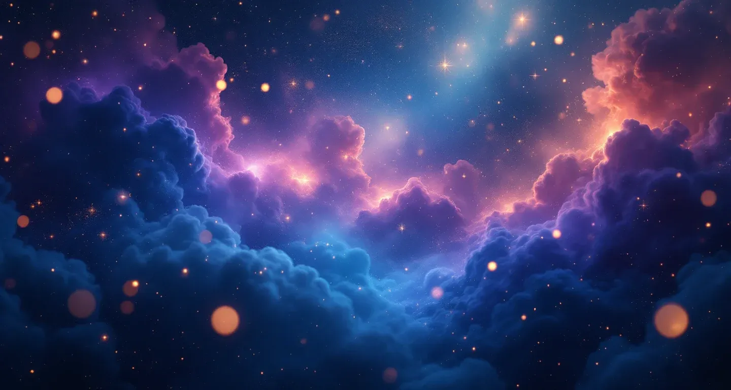 An atmospheric dream scene of purple-magenta nebula clouds and golden stars representing the symbol of Seeing a Parakeet in a Dream.