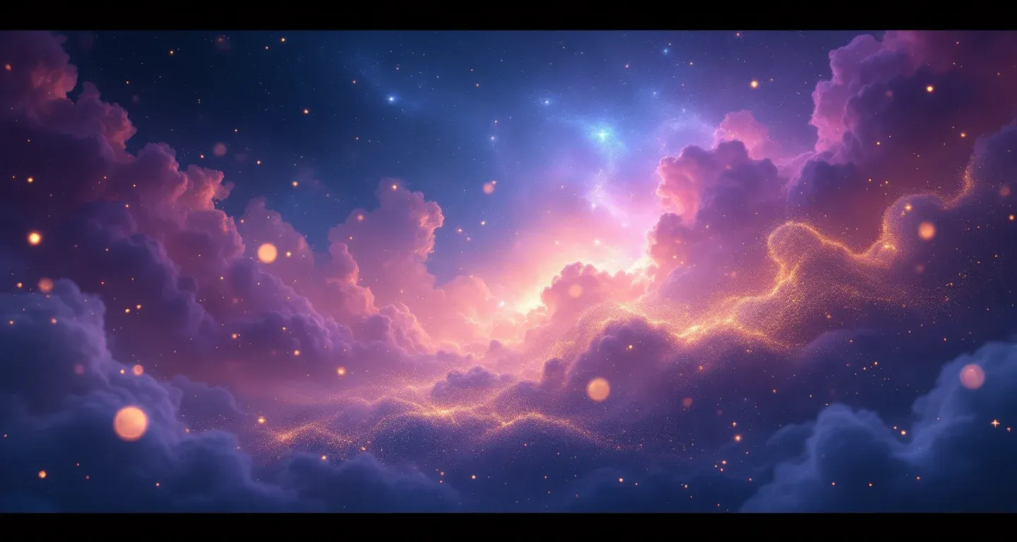 Escena onírica atmosférica con nebulosas moradas y magenta y estrellas doradas, que representa el símbolo de ver un amuleto en sueños.