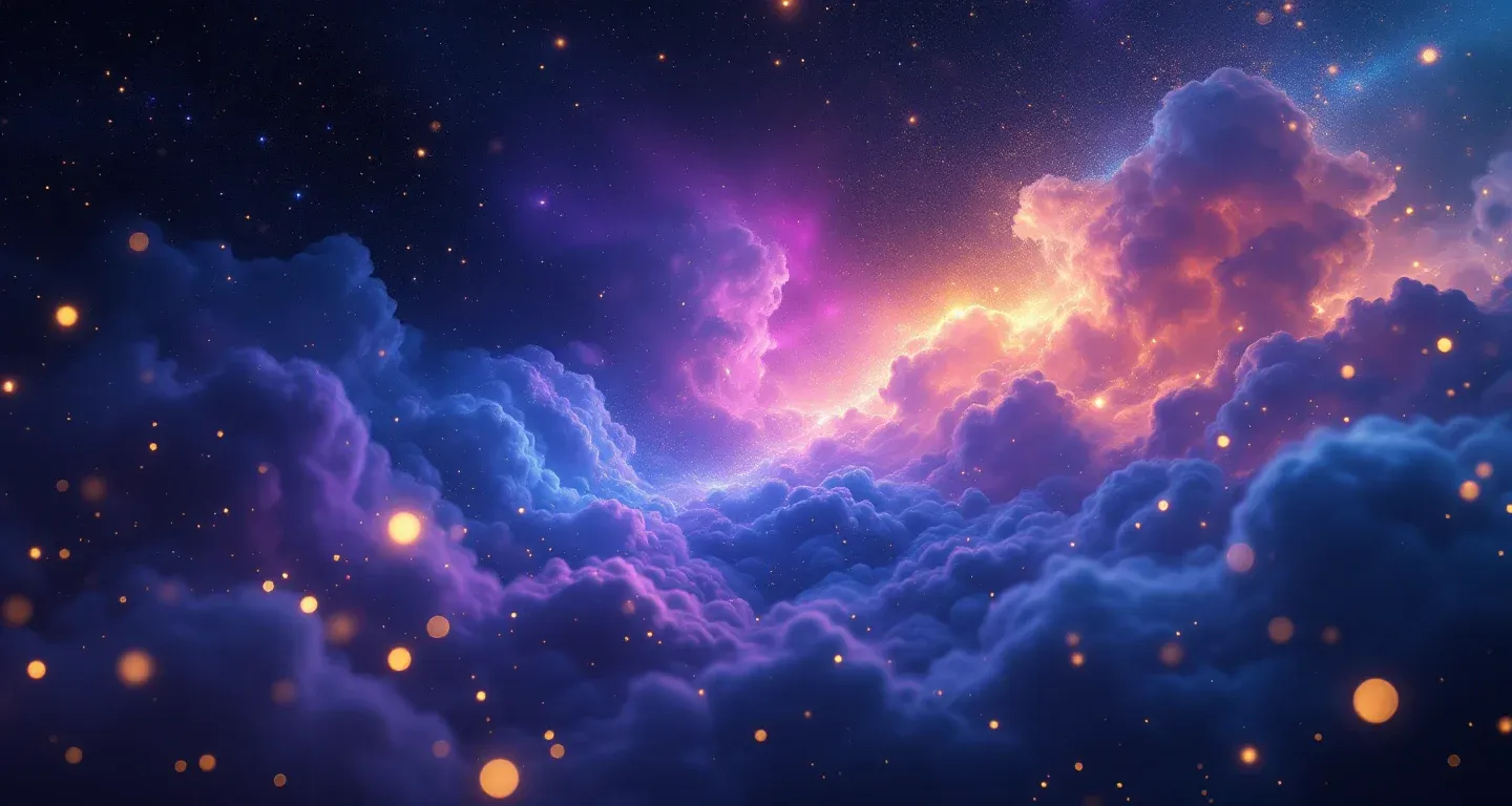 Atmosphärische Traumszene mit violett-magenta Nebel und goldenen Sternen, die das Symbol einer Banane im Traum darstellt.