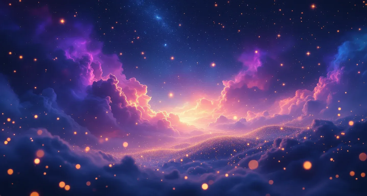 Escena onírica atmosférica, con nebulosas moradas y magenta y estrellas doradas, que representa el símbolo de verse rezando en sueños según İhya.