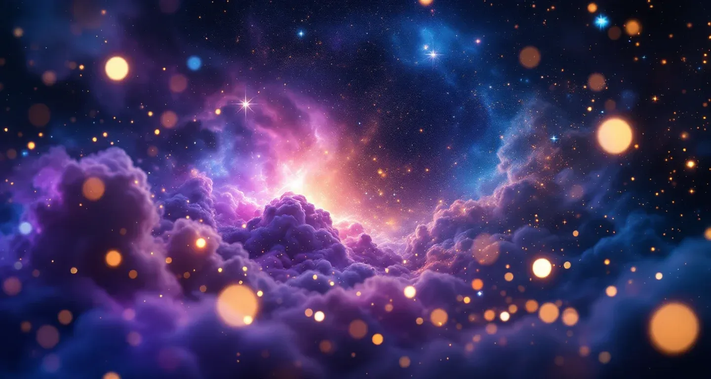Escena onírica atmosférica con nebulosas morado-magenta y estrellas doradas, que representa el símbolo de soñar con comprar un juego de fundas.