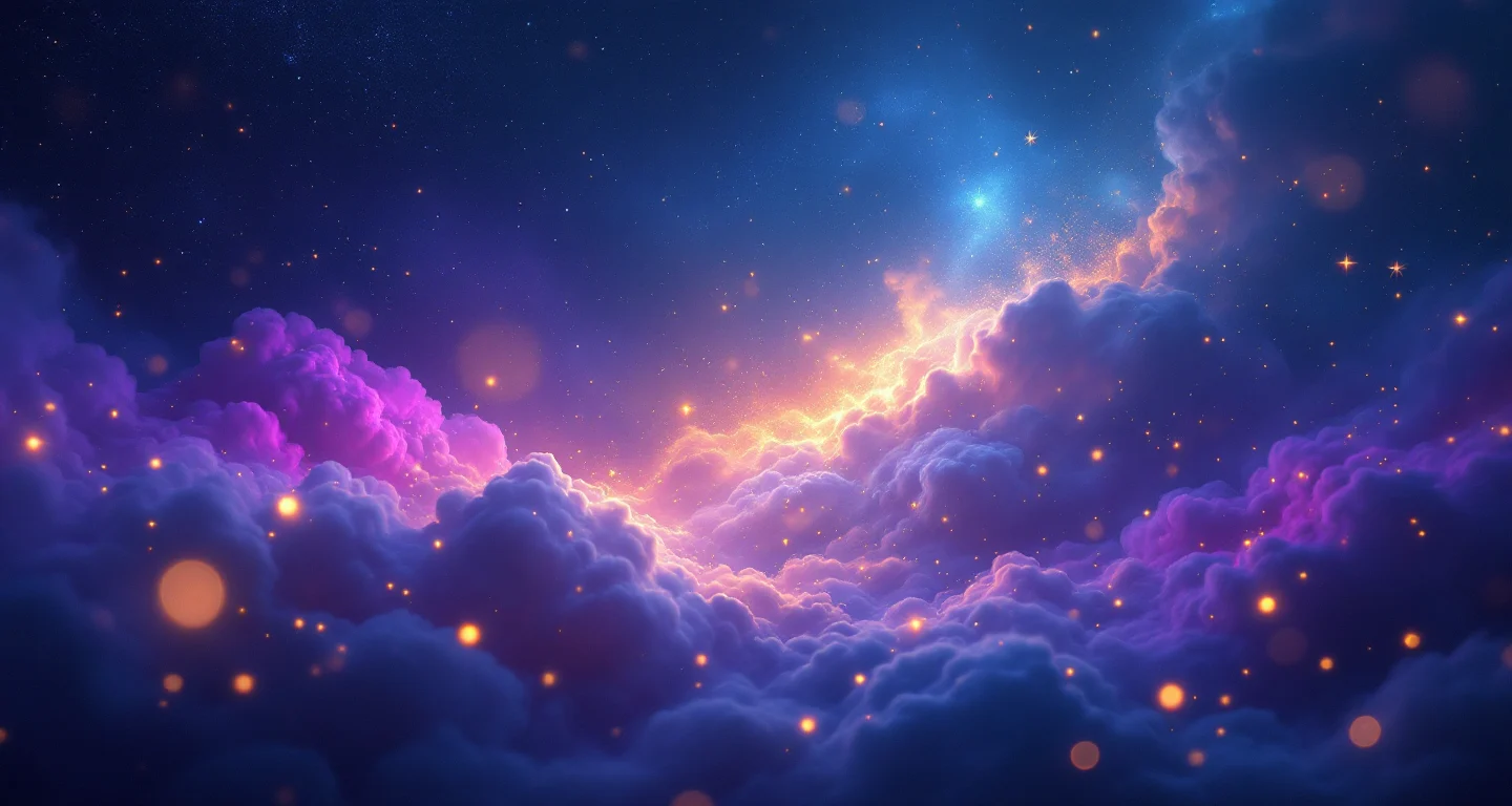 Rüyada Nişanlanmak Görmek sembolünü temsil eden, mor-magenta bulutsu ve altın yıldızlardan oluşan atmosferik rüya sahnesi.