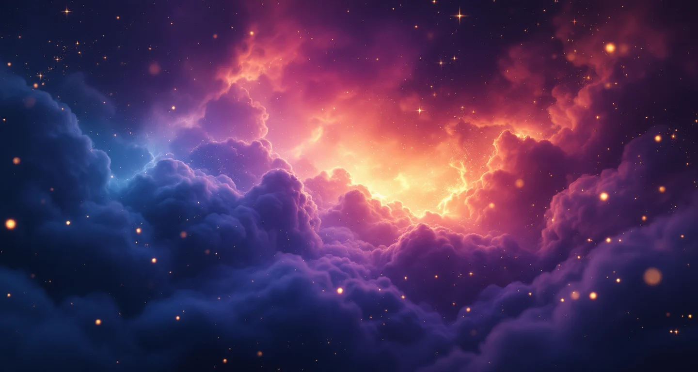 Ruyada Ogretmen Gormek sembolünü temsil eden, mor-magenta bulutsu ve altın yıldızlardan oluşan atmosferik rüya sahnesi.