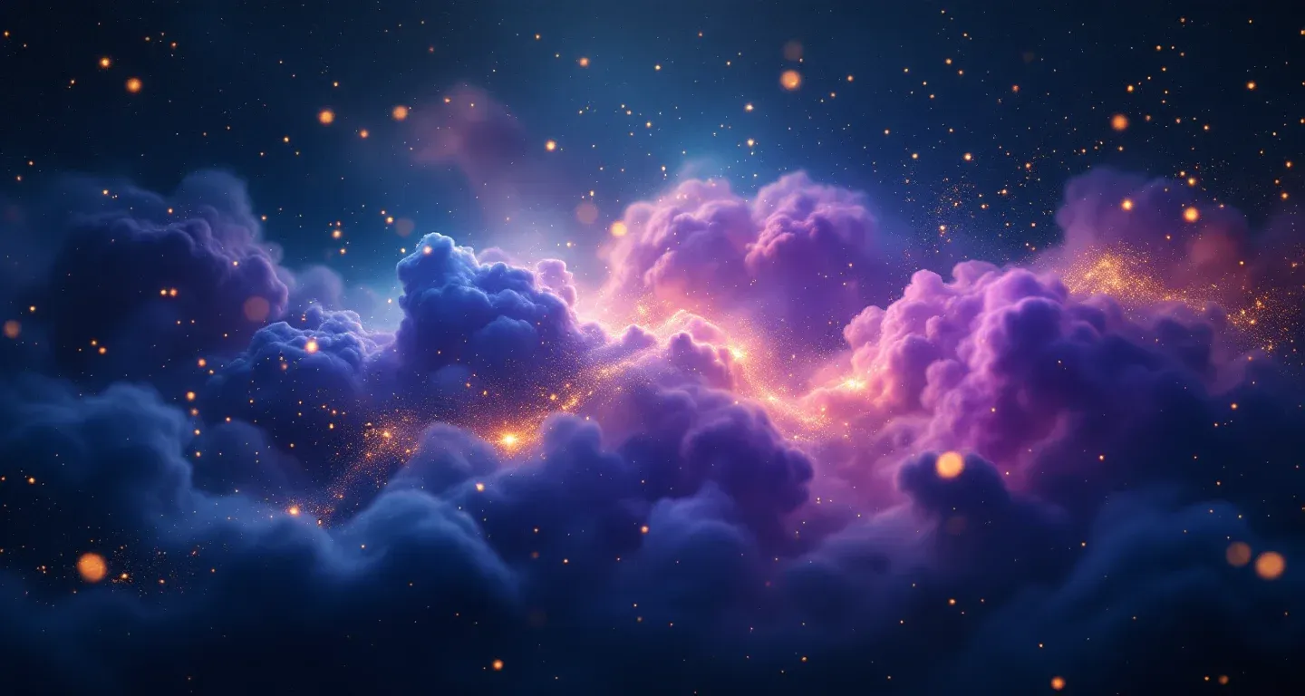 Cena onírica atmosférica com nebulosa em tons de roxo e magenta, estrelas douradas e um clima simbólico que representa sonhar com a própria morte.