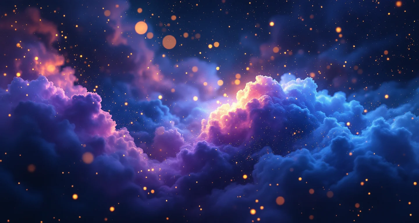 Rüyada Ölmüş Annenin Yemek Yaptığını Görmek sembolünü temsil eden, mor-magenta bulutsu ve altın yıldızlardan oluşan atmosferik rüya sahnesi.