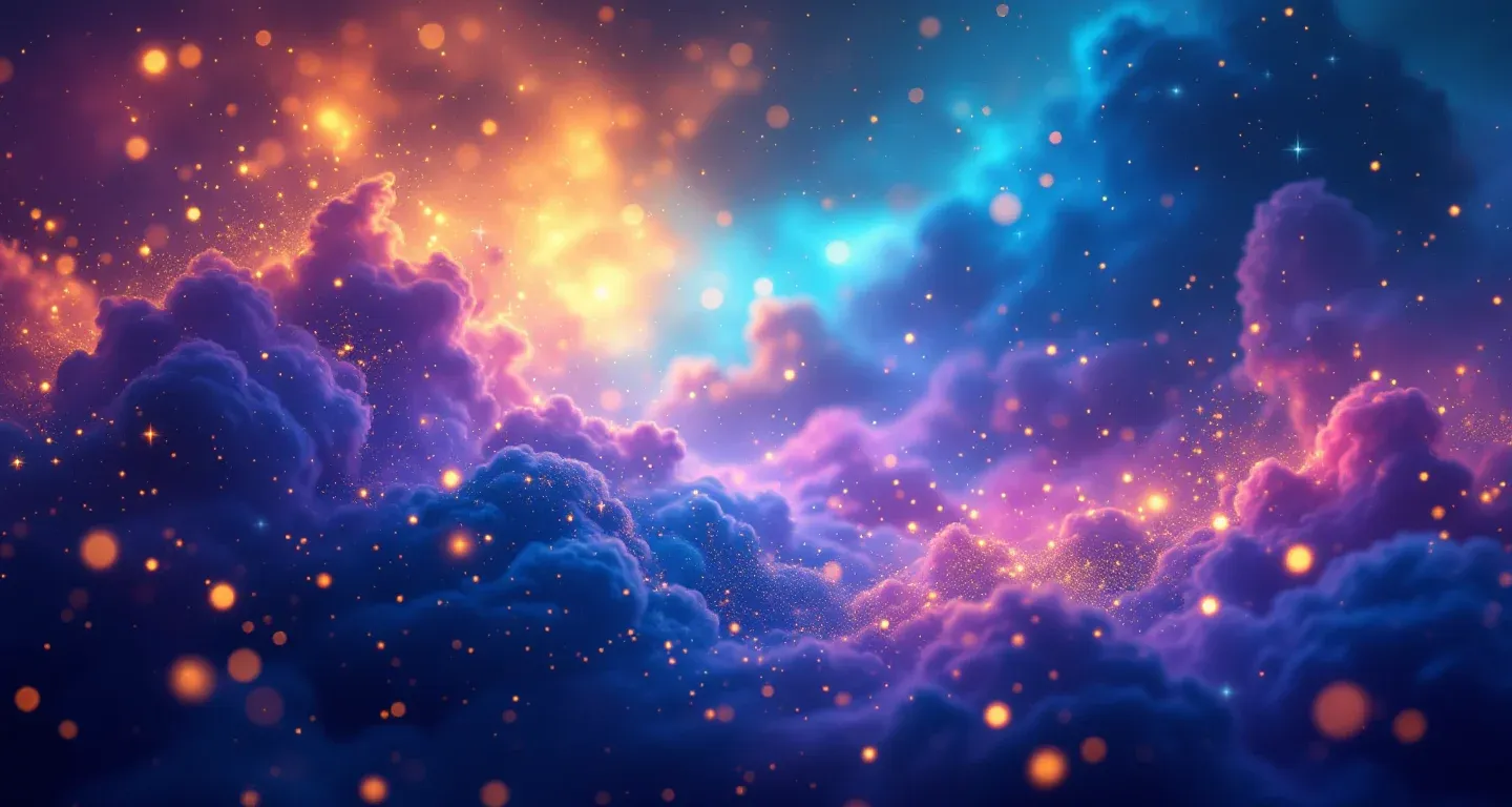 Escena onírica atmosférica con una nebulosa morada y magenta y estrellas doradas, que representa el símbolo de ver a un muerto vivo y abrazarlo en sueños.