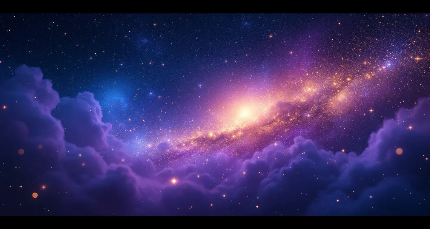 Escena onírica atmosférica con nebulosas morado-magenta y estrellas doradas que representan el símbolo de ver a una persona fallecida conduciendo un coche.