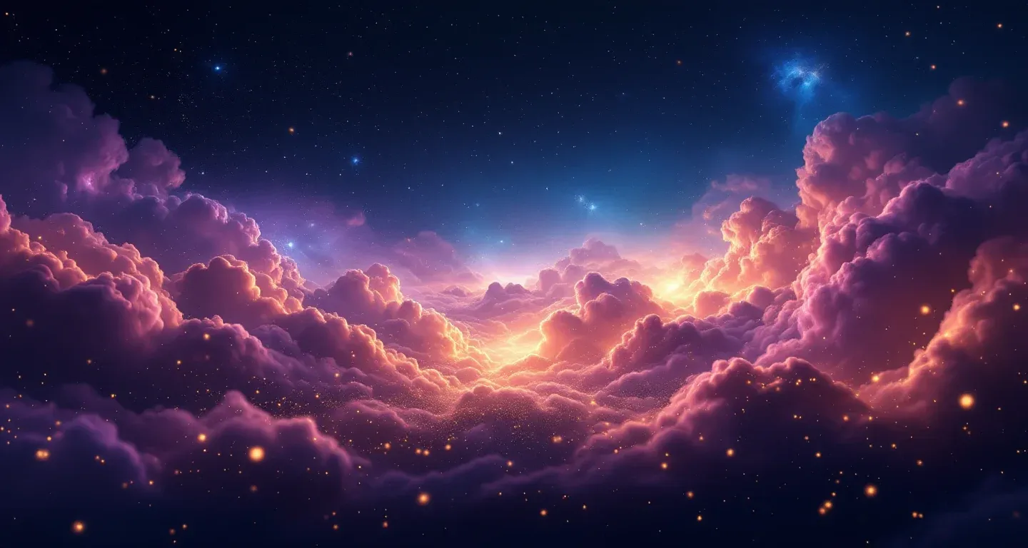 Escena onírica atmosférica con nebulosa morado-magenta y estrellas doradas, que representa el símbolo de soñar que una persona fallecida hace pan según Diyanet.