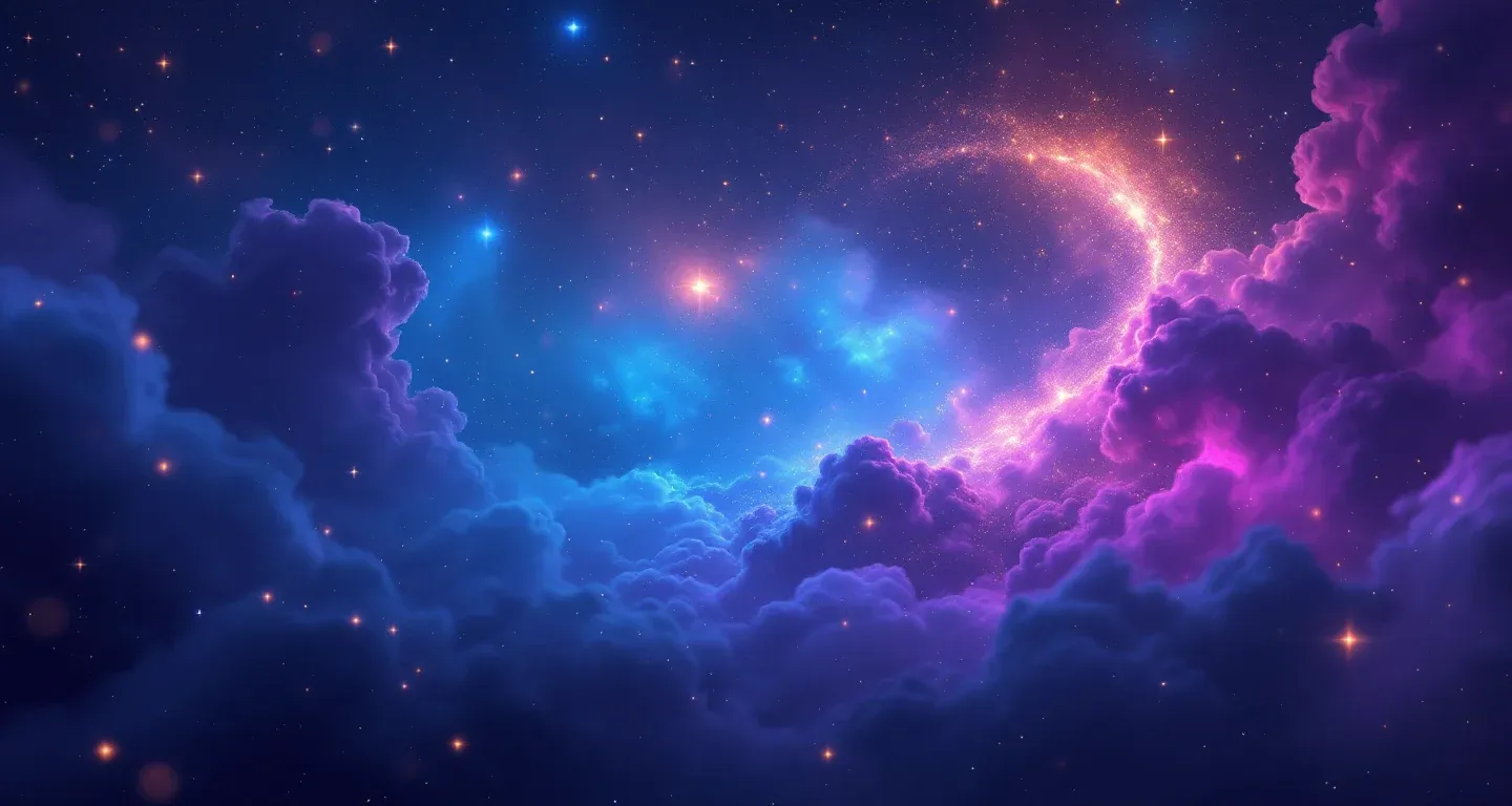 Escena onírica atmosférica con una nebulosa morado-magenta y estrellas doradas, que representa el símbolo de ver a una persona muerta bañándose en casa.