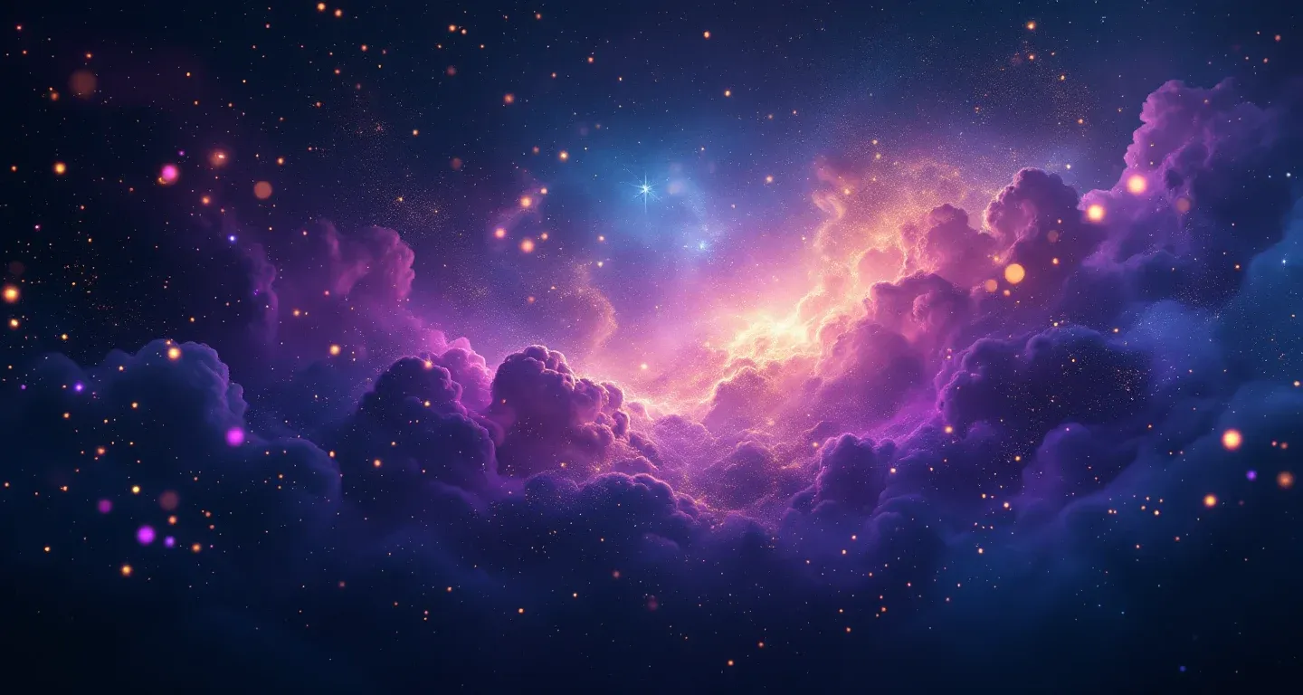 Escena onírica atmosférica, formada por una nebulosa morado-magenta y estrellas doradas, que representa el símbolo de ver la foto de una persona fallecida en un sueño según Diyanet.