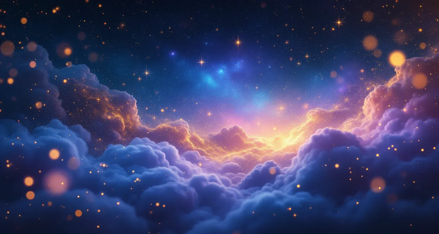 Escena onírica atmosférica con neblina morado-magenta y estrellas doradas, que representa el símbolo de ver en sueños a una persona fallecida diciendo «tengo frío».